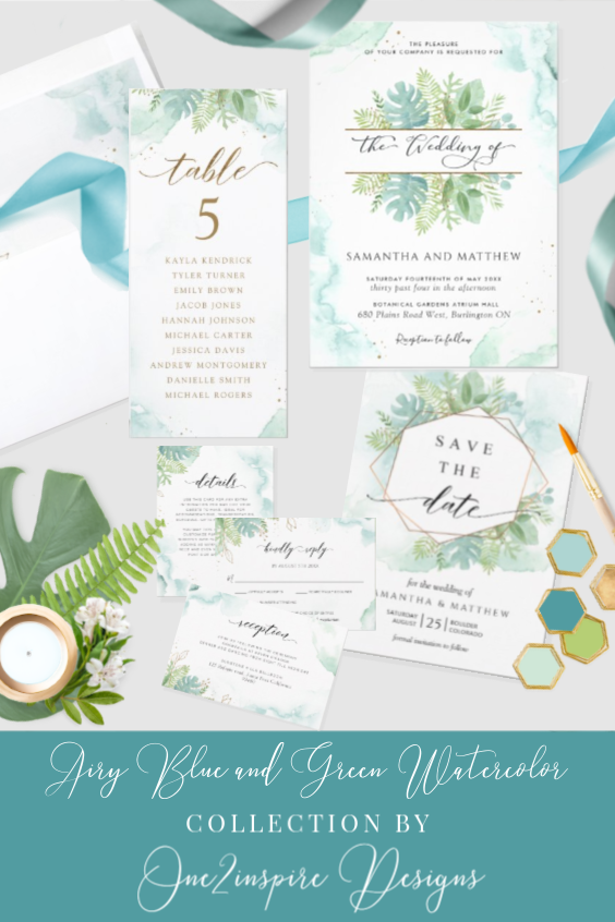 Wedding Invitation Suite with elegant Greenery and Watercolor stains in Dusty Blue, Turquoise and Pale Green