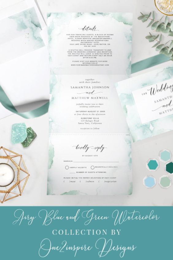 Turquoise, Dusty Blue and Pale Green Watercolor Wedding Invitation Suite