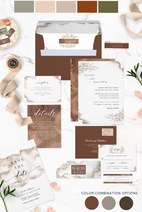 Elegant Earth Tone Wedding Invitation Suite with watercolor stains and fine hand painted floral details 