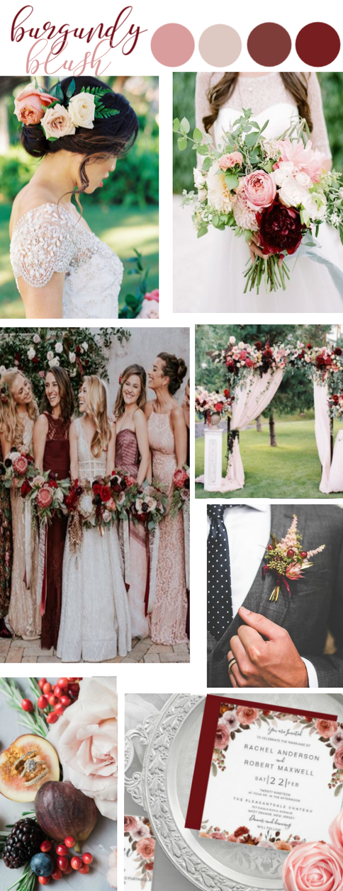 Blush Pink, Rose Gold and Burgundy Wedding Color Palette inspirational board