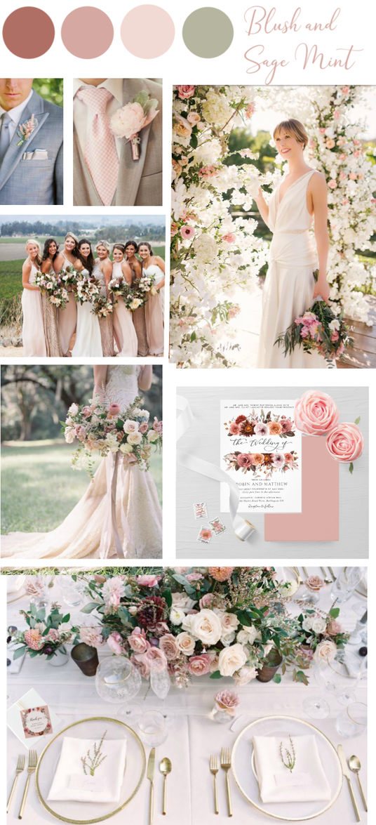 Blush, Dusty Rose, Rose Gold, Tan and Sage Mint Wedding Color Palette Inspirational Board