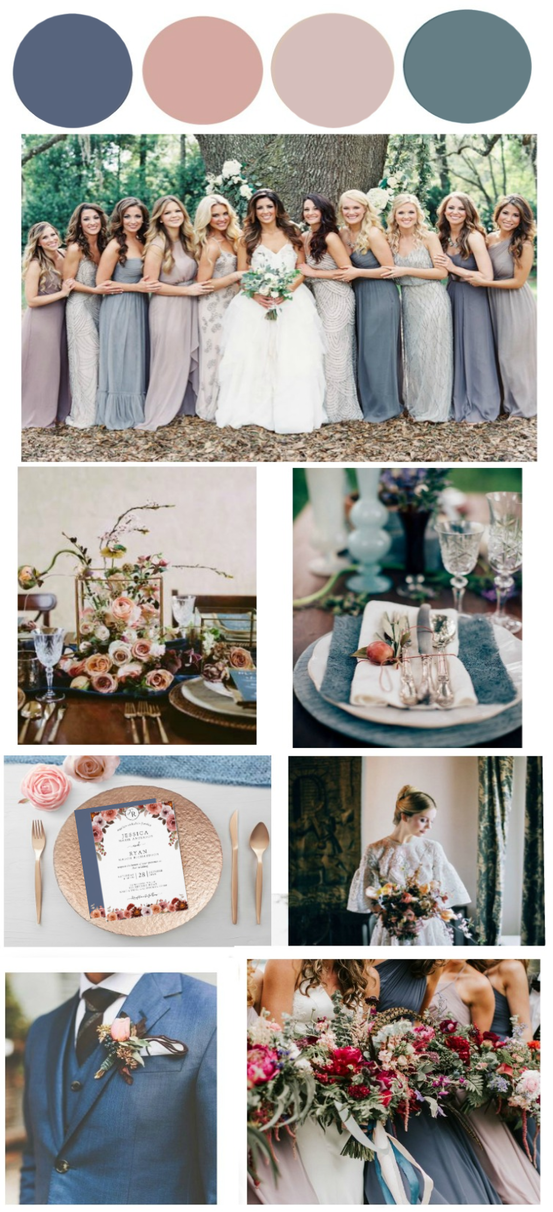 Blue, Mauve, and Blush Wedding Color Palette Board