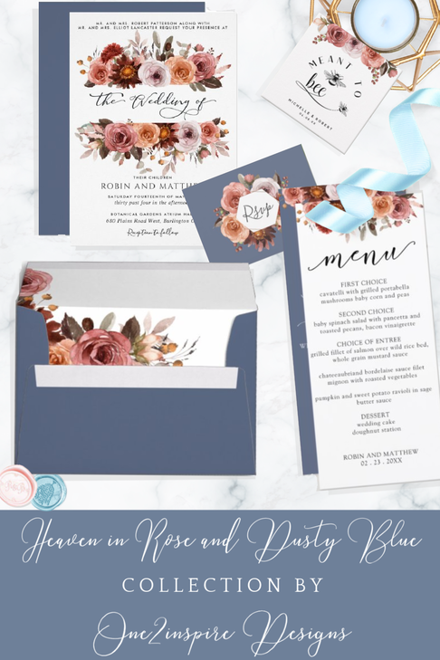 Dusty Blue, Blush, Mauve and Burgundy Floral Wedding Invitation Suite