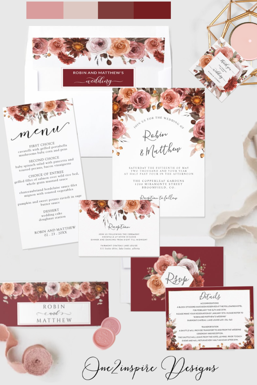 Blush Pink and Burgundy Wedding invitation suite