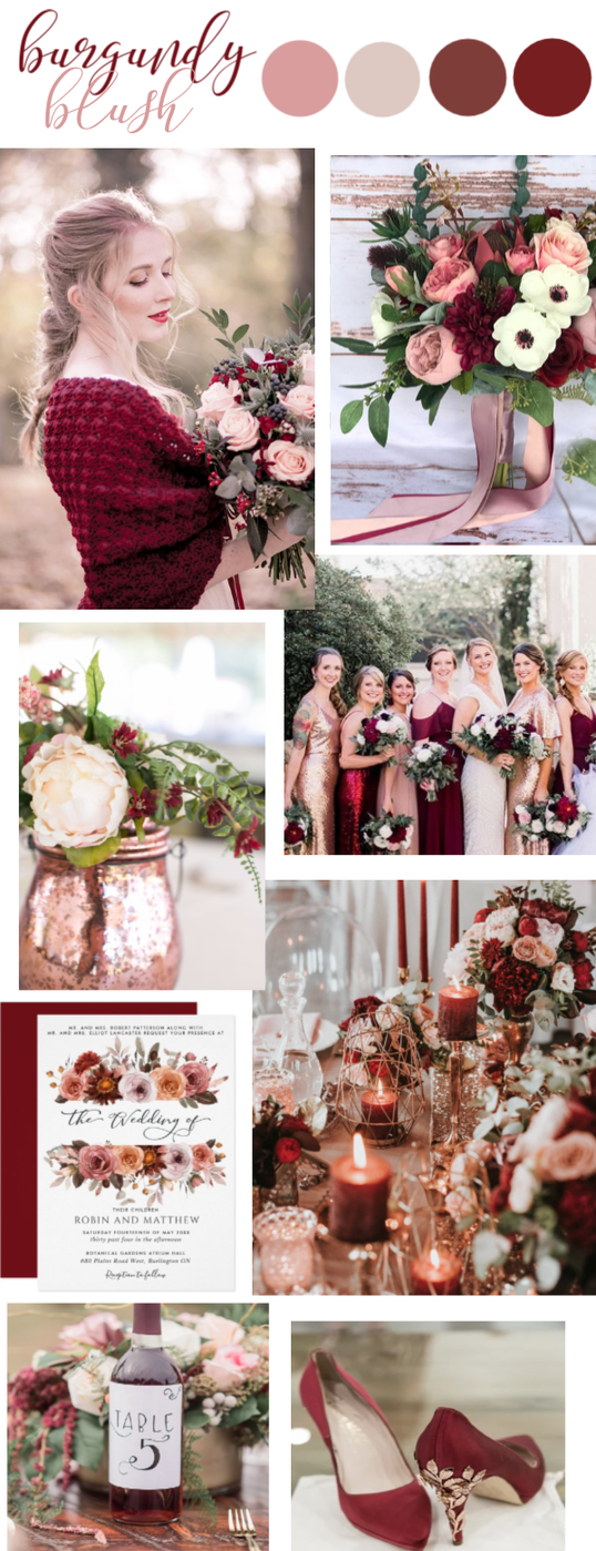 Blush Pink, Rose Gold and Burgundy Wedding Color palette inspirational board