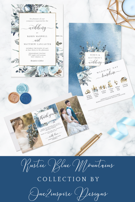 Blue Watercolor with Dusty Blue Floral Image with Blue Watercolor and Floral Wedding invitations, program and timeline