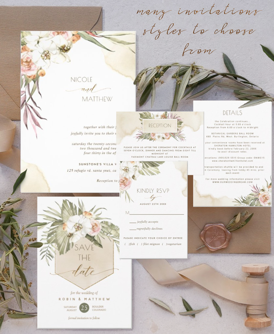 Peach, Mauve and Purple Dried palm Leaves Wedding Invitation Suite
