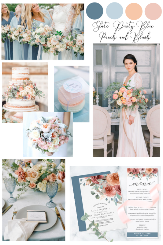 Slate Dusty Blue, Peach and Blush Wedding color palette