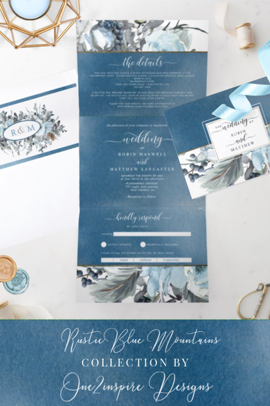 Navy Blue All-in-one Tri fold Wedding Invitation with RSVP