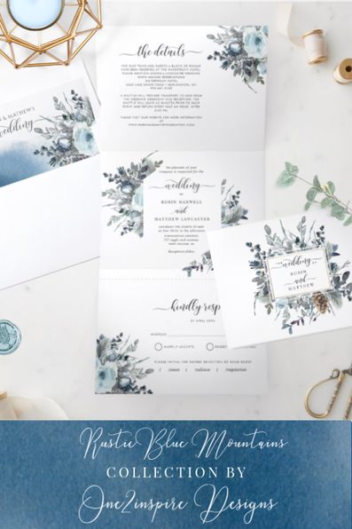 Dusty Blue All-in-one Tri fold Wedding Invitation with RSVP  