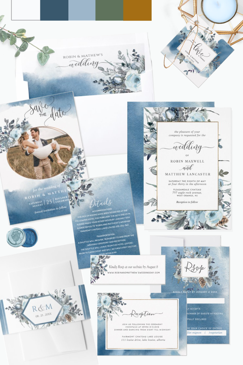Dusty Blue Floral Wedding Invitation Suite