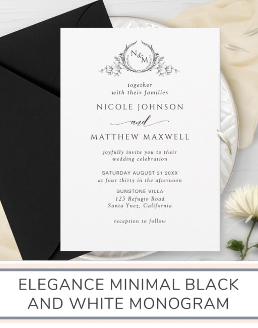 EleganceMinimal Black and White Monogram Wedding Invitation Suite