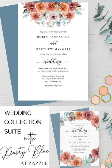Dusty Blue, Peach and Blush Wedding Invitation Suite