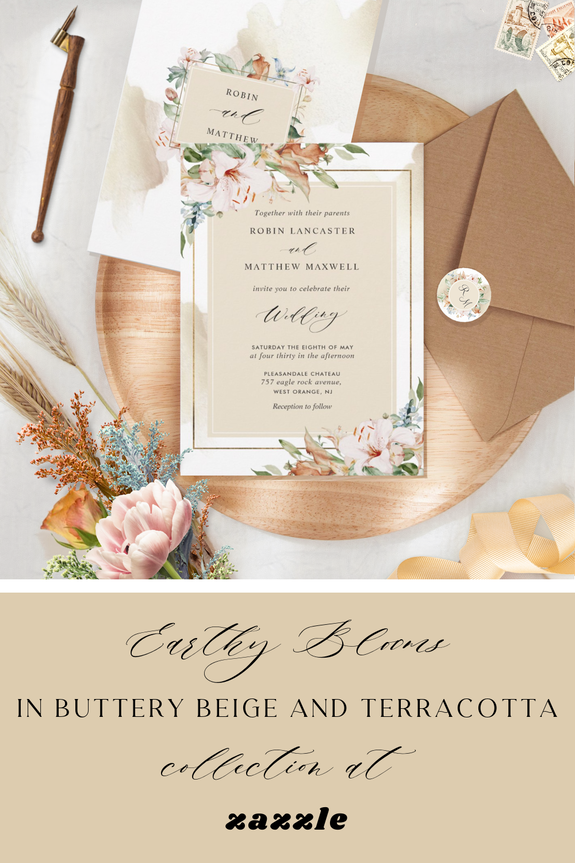 Earthy Blooms in Buttery Beige and Terracotta wedding invitation suite