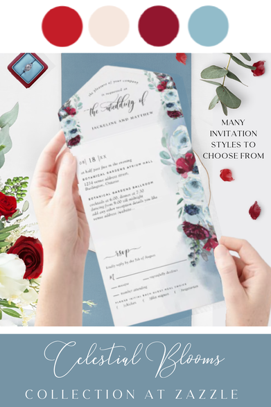 Red and Dusty Blue Floral Wedding Invitation 