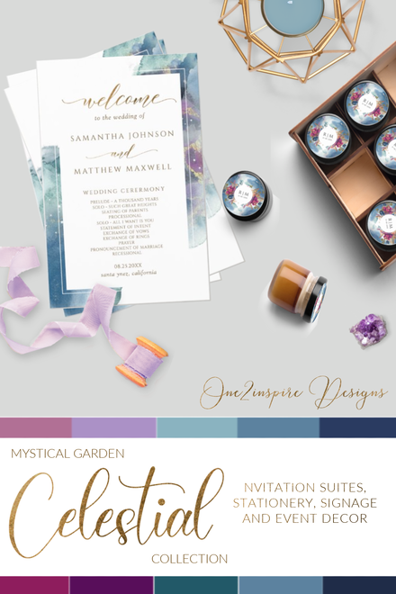 Blue and Purple Celestial Wedding Program and Favor stickers