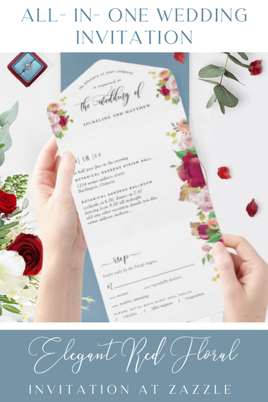 Red Floral All in One Wedding Invitation