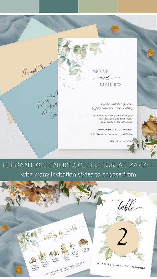 Golden brown. green and blue Wedding invitation suite
