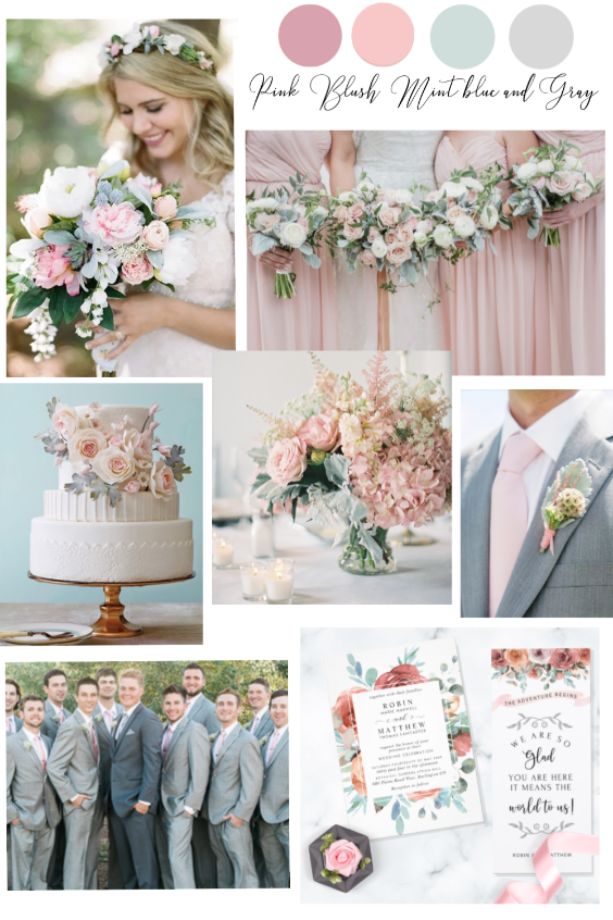 Pink, Blush, Mint and Gray, Pastel Wedding color palette