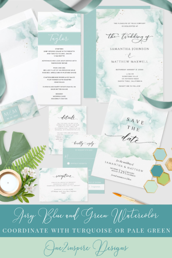 Dusty Blue, Turquoise and Pale Green Watercolor Wedding Invitation Suite