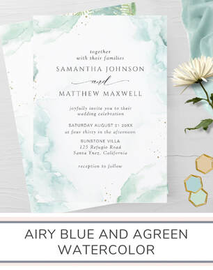 Airy Blue and Green Watercolor Wedding Invitation Suite
