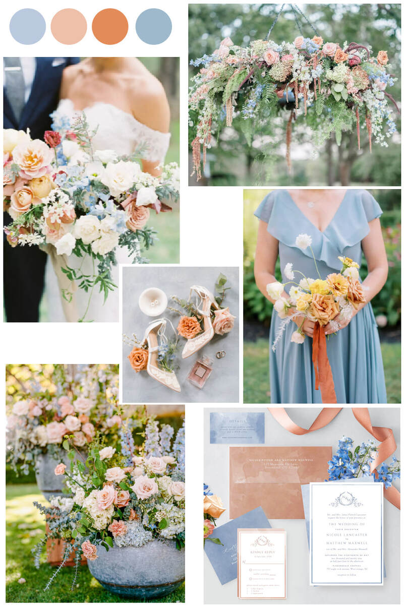 Dusty blue, peach and orange wedding color theme