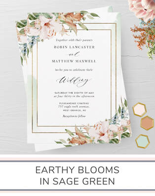 Earthy Blooms in Sage Green Wedding Invitation Suite