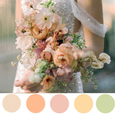 Bridal bouquet showing a beige, peach, blush, yellow and green wedding color palette