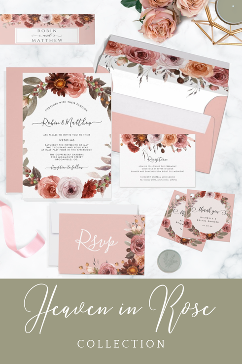 Blush Pink, Rose Gold Floral Wedding Invitation Suite