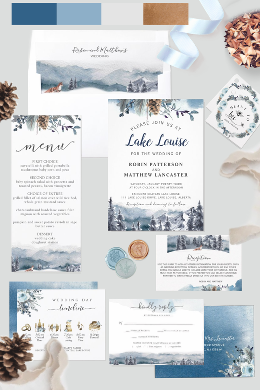 Blue Watercolor Mountain and Forest Wedding Destination Invitation Suite