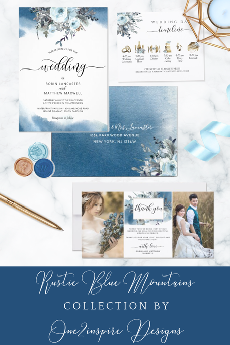 Blue Watercolor Wedding Invite and Thank You Photo Card