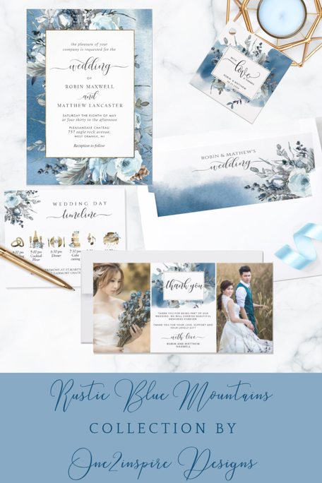 Image with Blue Watercolor and Dusty Blue Floral Wedding Invitation Suite