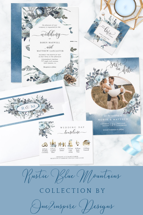 Image with Wedding Invitation Suite with Blue Watercolor Stain and Dusty Blue floral details. 