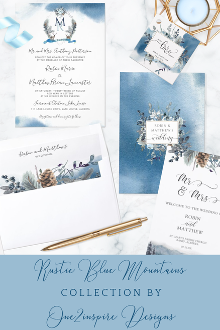 Blue Watercolor Monogram Crest Wedding Invitation Suite