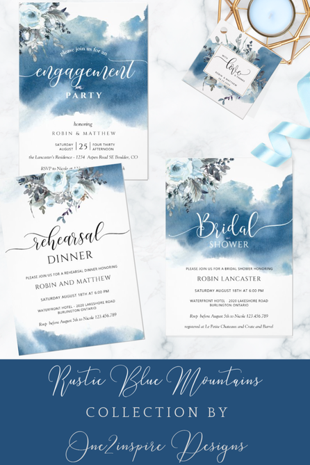 Blue Watercolor Engagement Party, Rehersal Dinner party and Bridal Shower Invitations