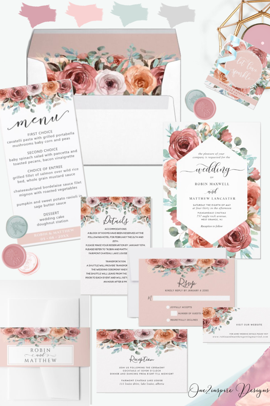 Rose Gold, Blush, Mint and Gray Wedding Invitation Suite