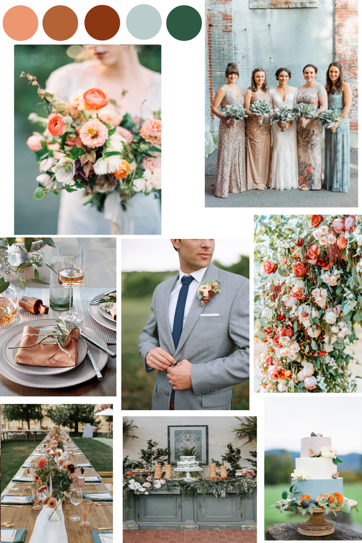 Coral, terracotta, silver sage and green wedding color palette