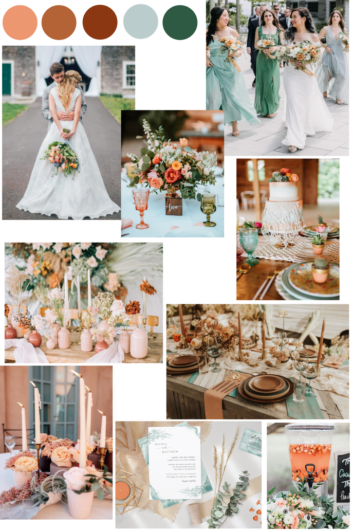 Peach, coral, brown, silver sage and green wedding color palette