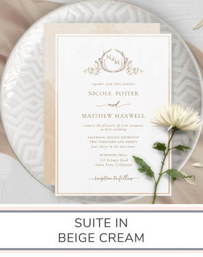 Beige Cream Monogram Wedding Invitation Suite