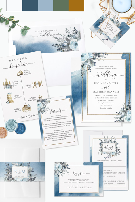 Blue Watercolor and Blue Floral Wedding Invitation Suite
