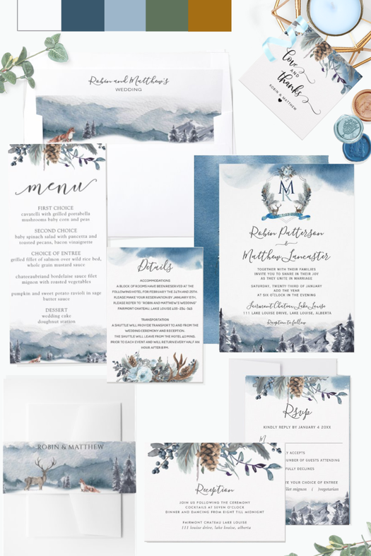 Mountains and Forest Wedding Destination Blue Wedding Invitation Suite