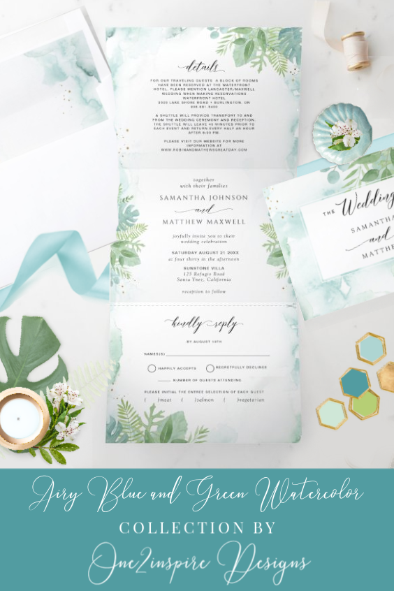 Elegant Greenery Turquoise and Pale Green Wedding Invitation Suite 