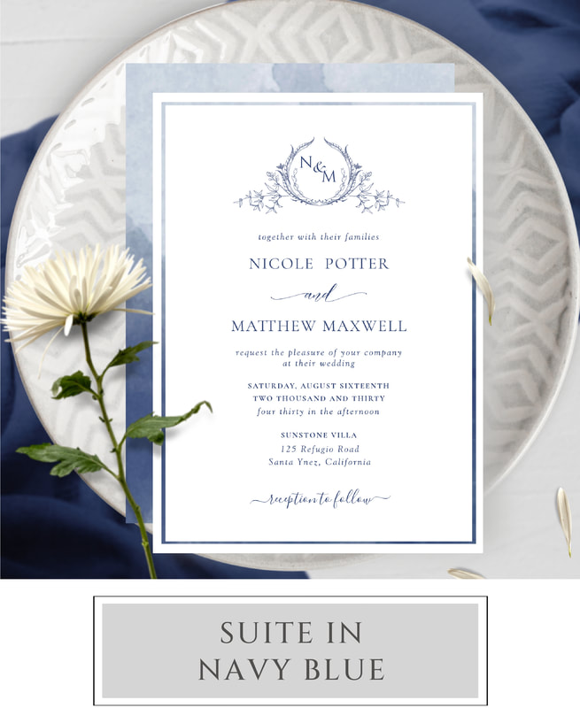 Navy Blue Monogram Wedding Invitation Suite