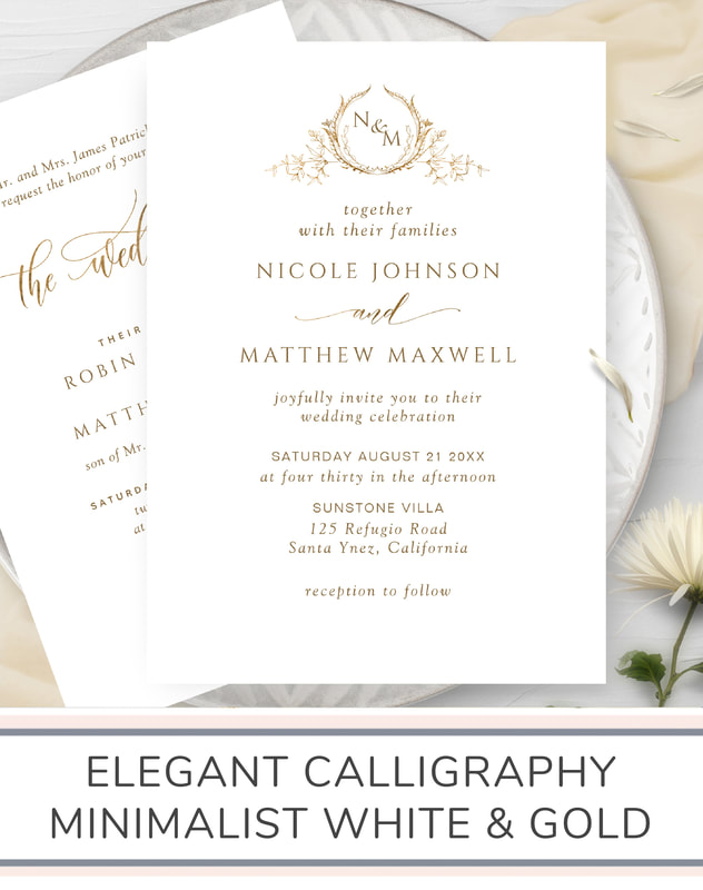 Elegant Calligraphy Minimalist White and Gold Wedding Invitation Suite