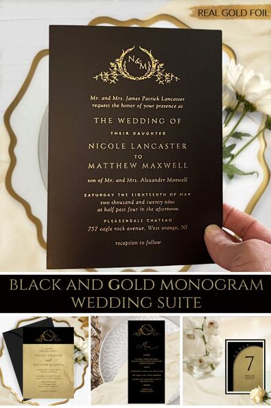 Elegant Black and Gold Wedding Invitation Suite