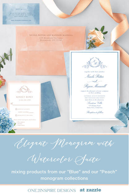 Dusty Blue and Peach wedding invitation suite