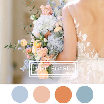 Dusty blue, peach and orange wedding color palette board