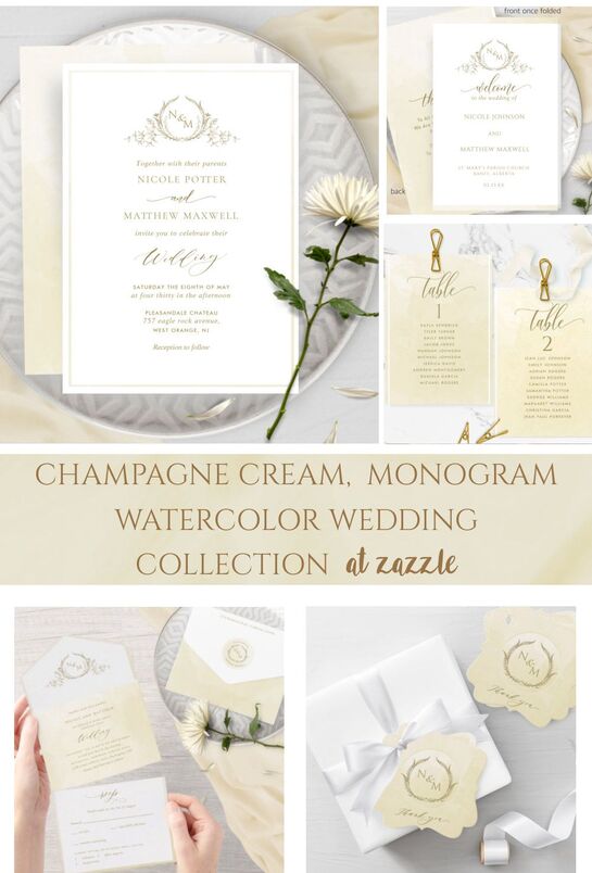 Champagne gold monogram wedding invitation suite