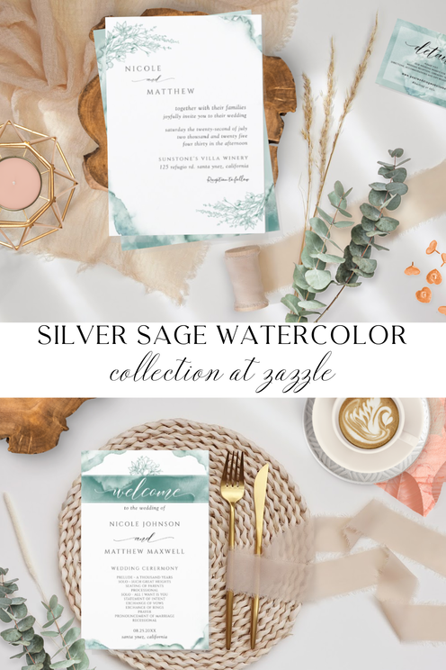 Elegant Silver Sage Watercolor Wedding Invitation Suite Collection