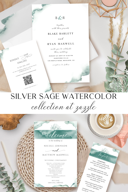 Elegant Silver Sage Watercolor Wedding Invitation Suite Collection